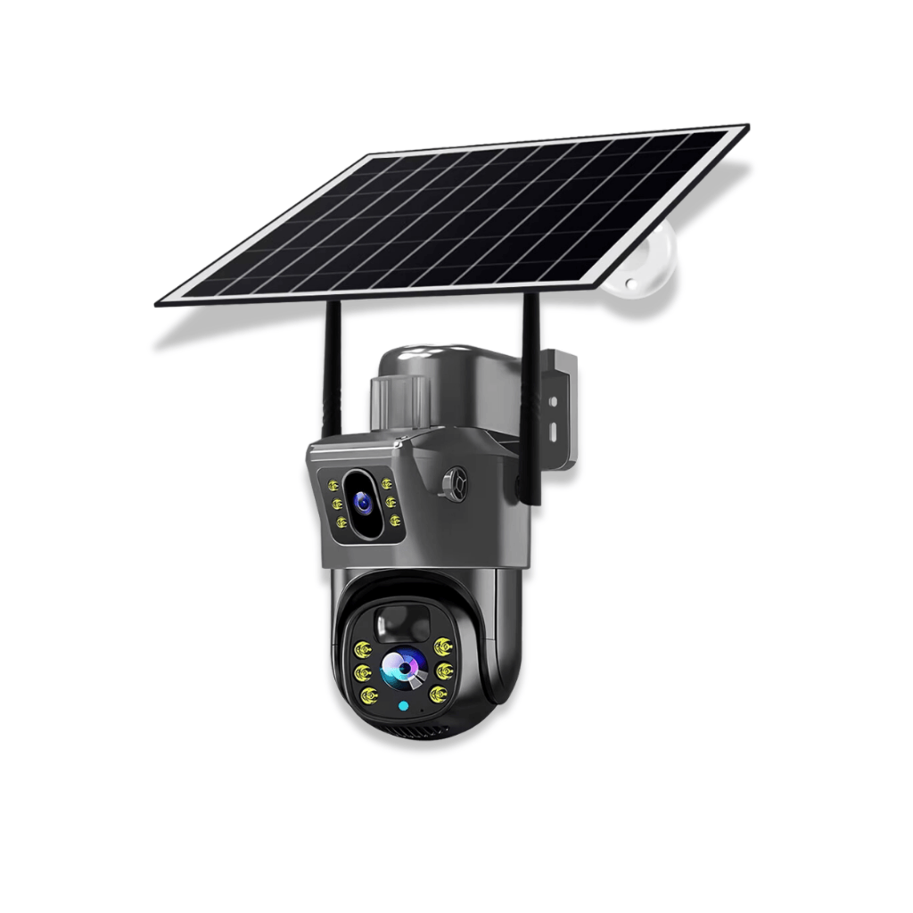 WiseSec ProSolar 4G security camera with dual-lens system and solar panel, featuring advanced outdoor surveillance capabilities