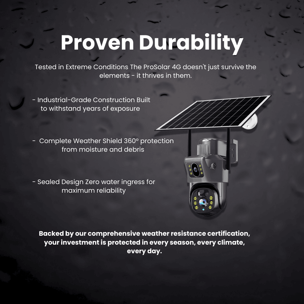 WiseSec ProSolar 4G weatherproof features highlighting industrial-grade construction, 360° weather shield, and water-resistant design for all-weather protection