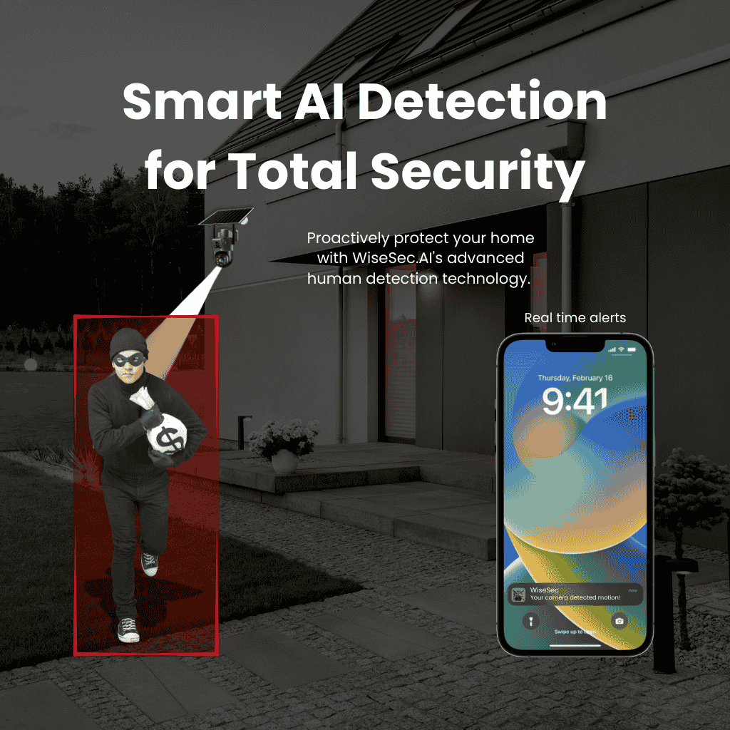 Smart AI detection system demonstrating real-time intruder detection with mobile alert notification on iPhone for enhanced home security