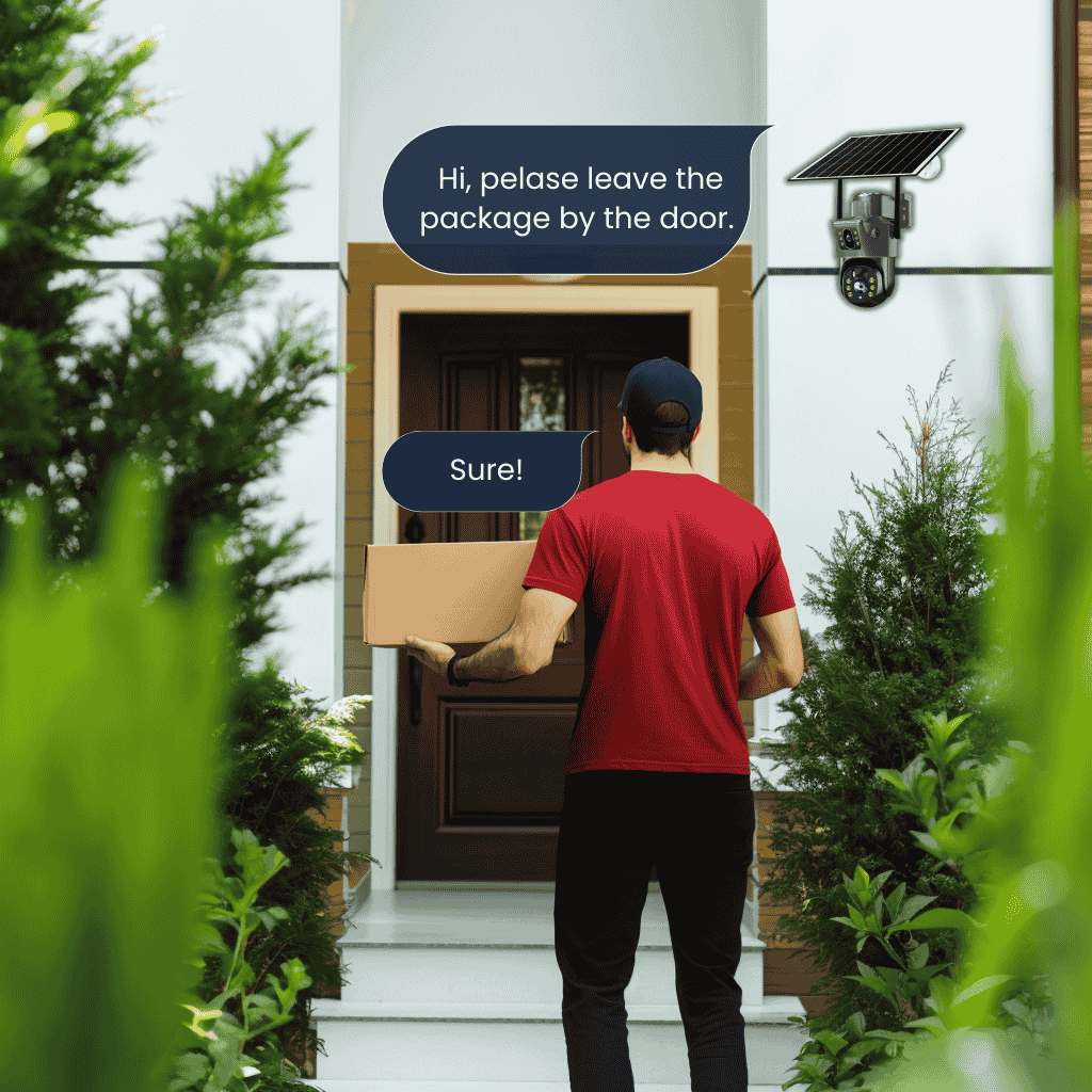 Two-way communication demonstration with delivery person using WiseSec ProSolar 4G camera for secure package delivery at front door